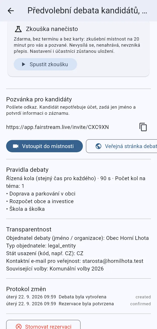 Detail debaty s odkazem pro kandidáty