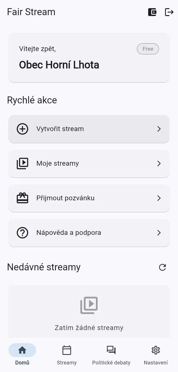 Úvodní obrazovka po přihlášení