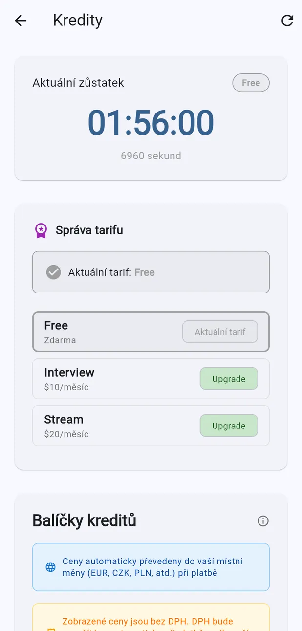 Obrazovka Kredity na webu