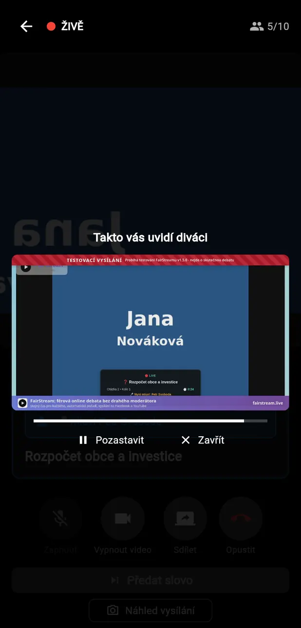 Náhled vysílání ve zkoušce
