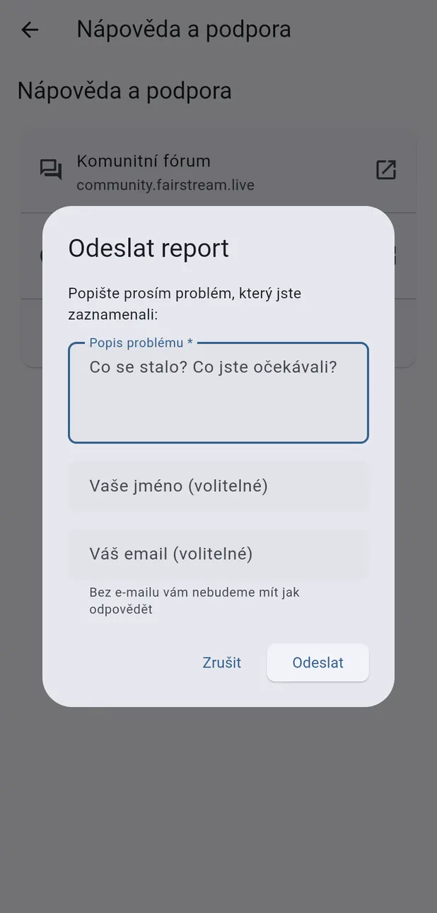 Formulář Odeslat report