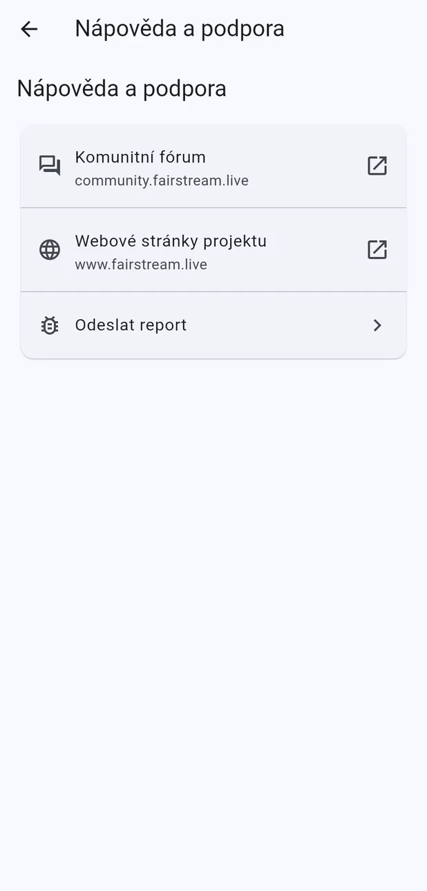 Obrazovka Nápověda a podpora