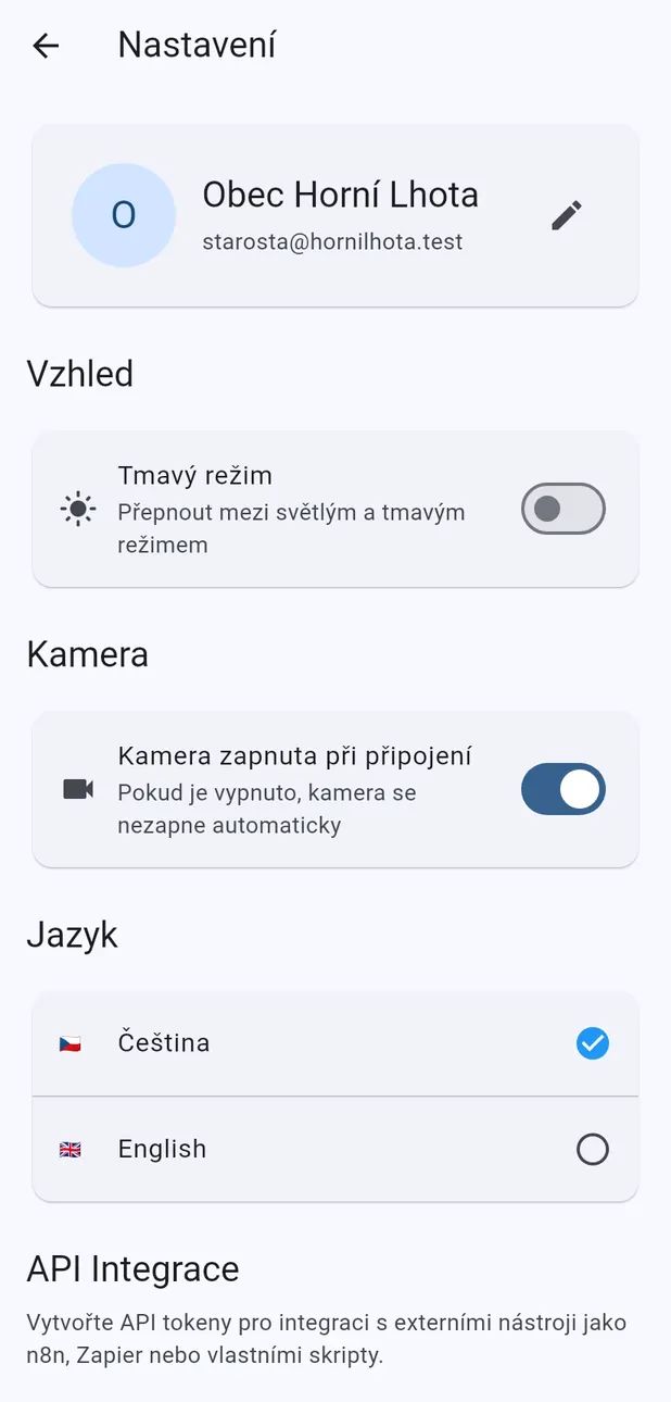 Obrazovka Nastavení