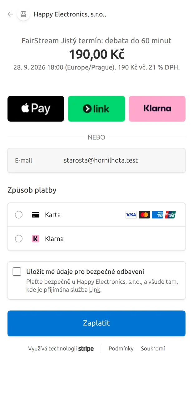 Platební stránka Stripe na 190 Kč