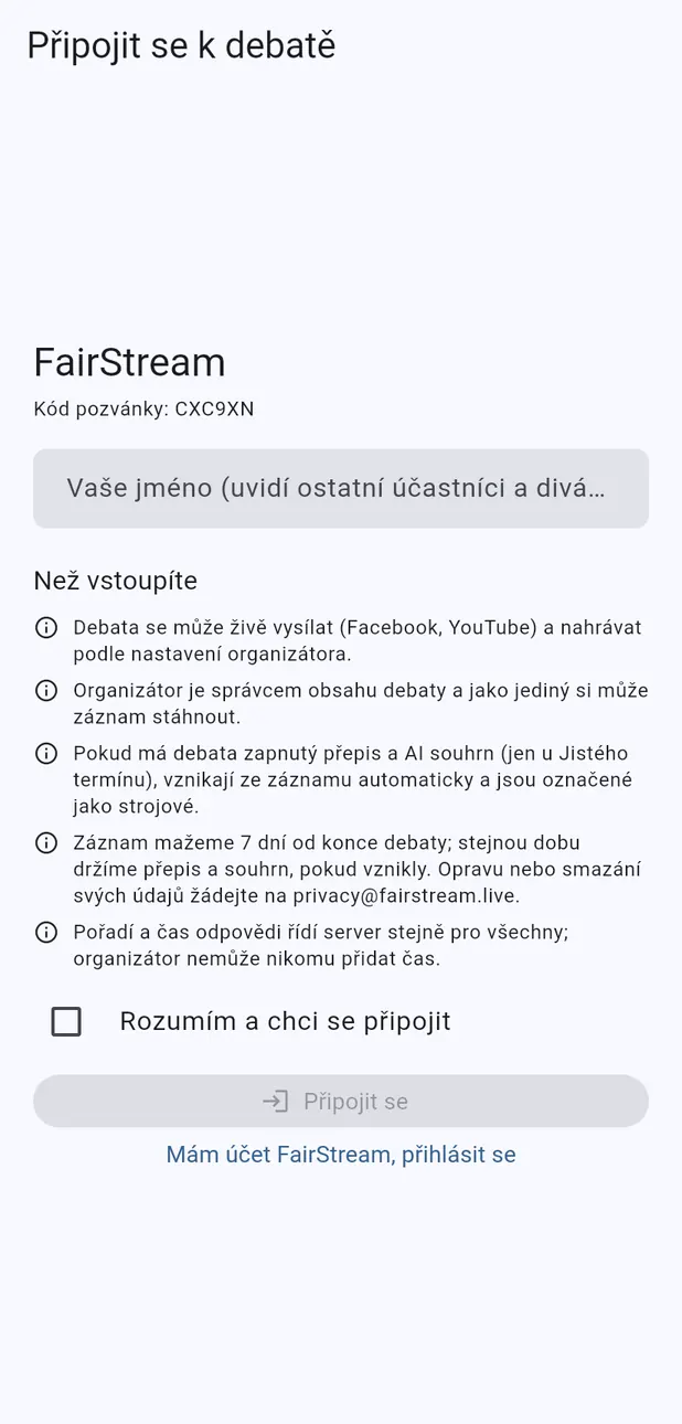 Obrazovka Připojit se k debatě
