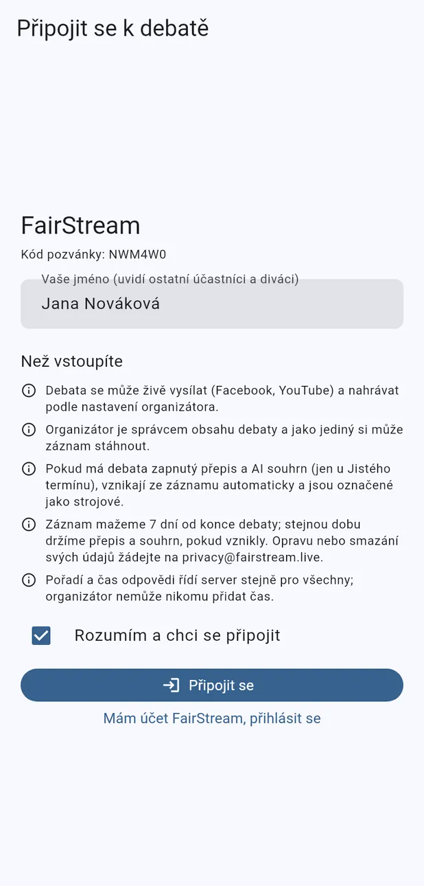 Vyplněné jméno a souhlas