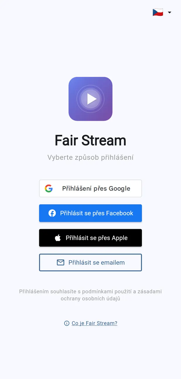 Přihlašovací obrazovka FairStream na webu