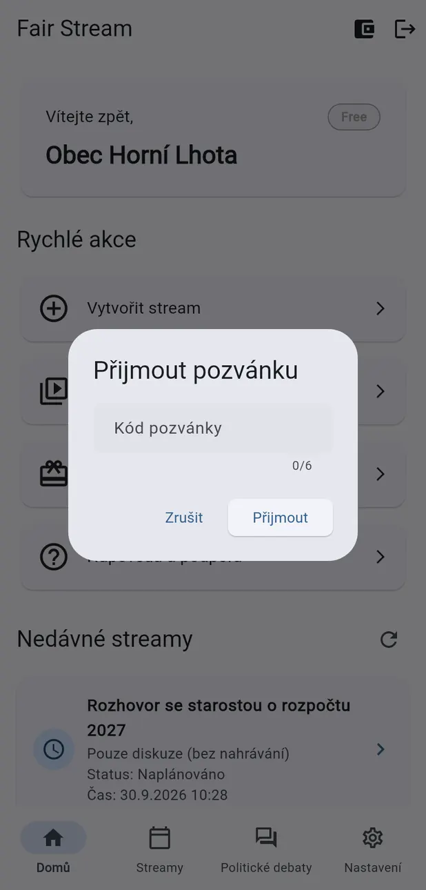 Okno Přijmout pozvánku