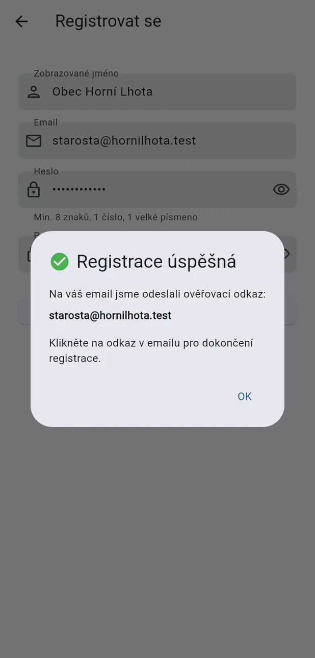 Registrace úspěšná, ověřovací odkaz odeslán