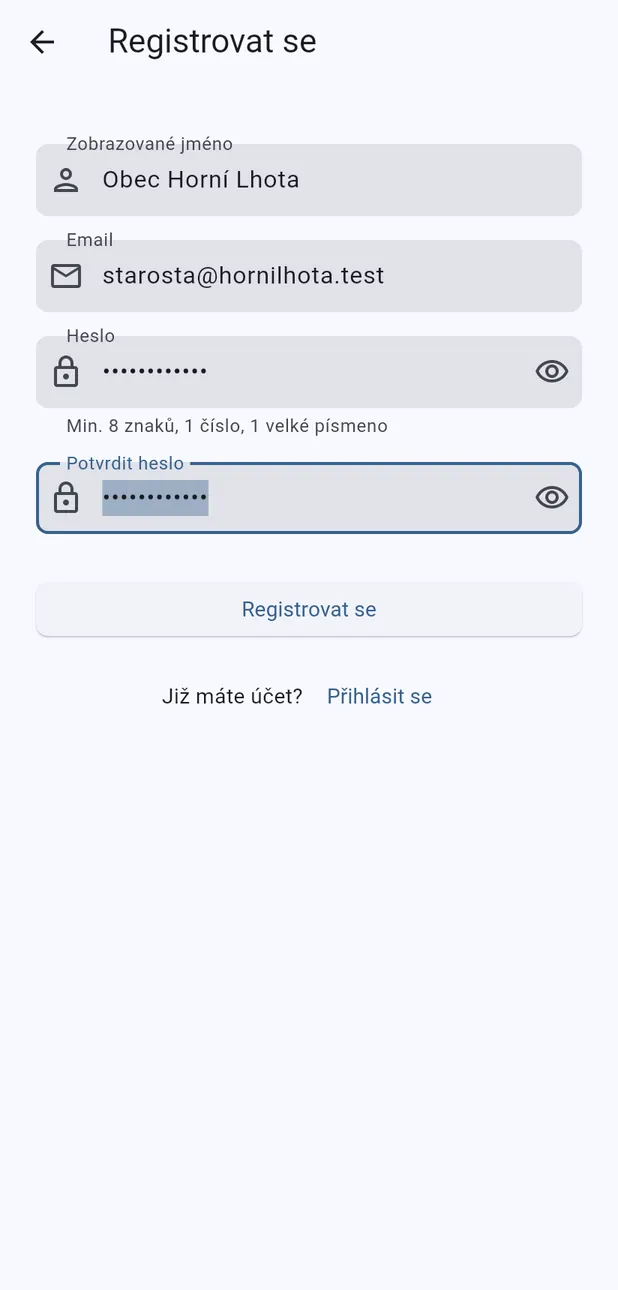 Vyplněný registrační formulář