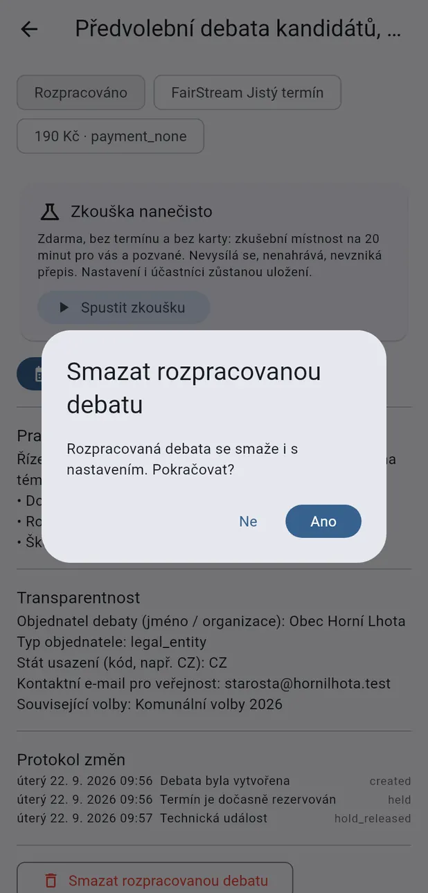Potvrzení smazání rozpracované debaty