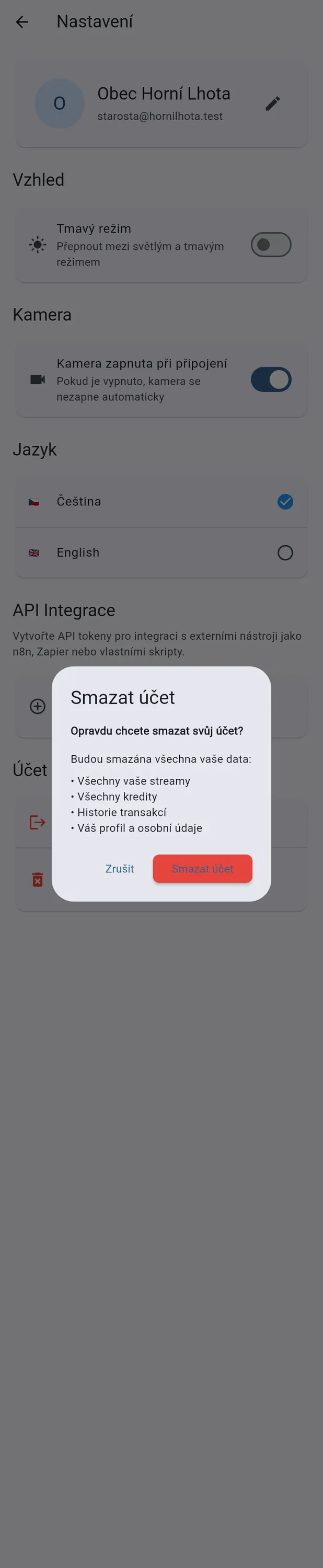Potvrzení smazání účtu