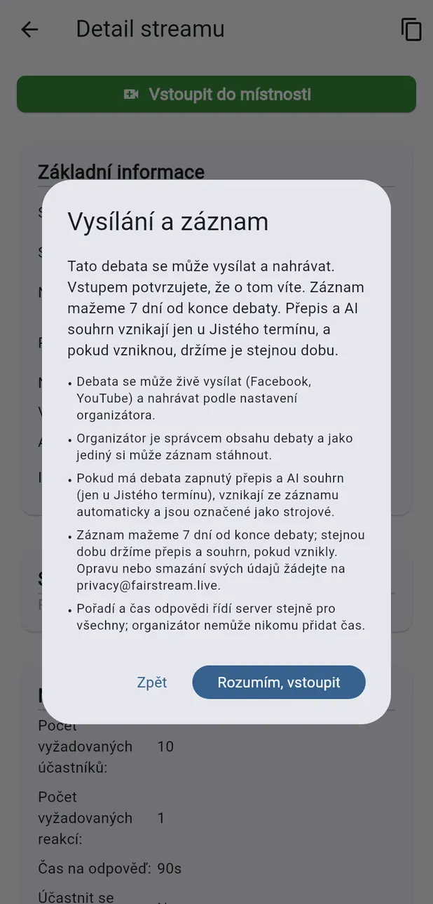 Okno Vysílání a záznam před vstupem