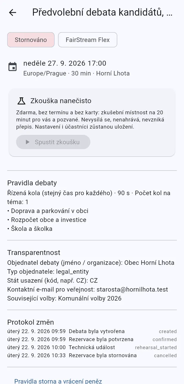 Stornovaná debata s protokolem změn