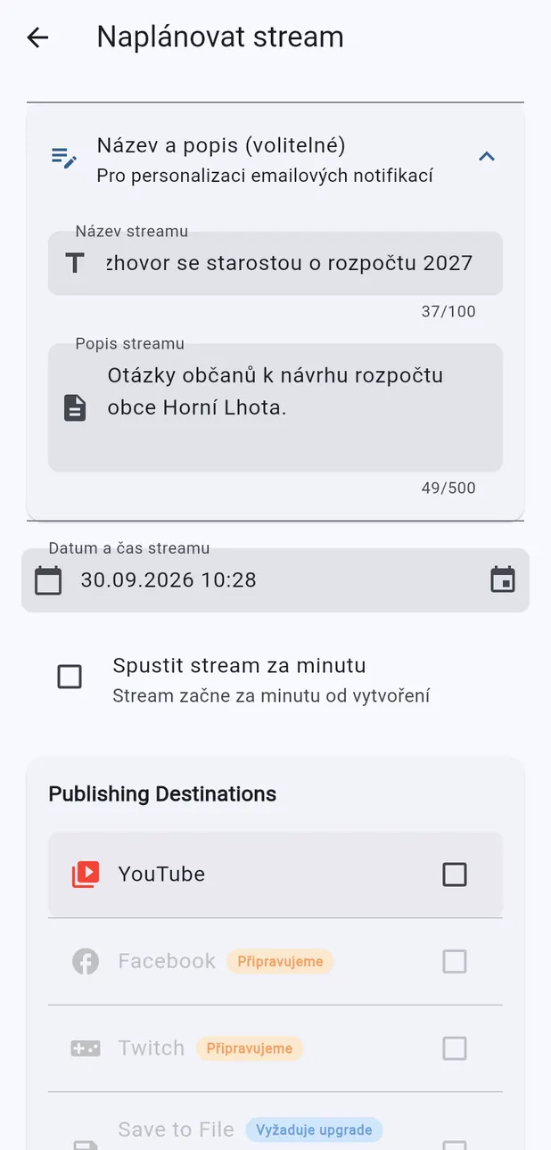 Formulář Naplánovat stream