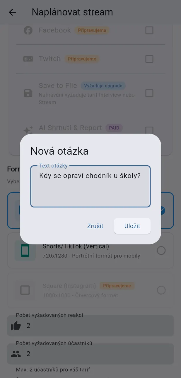 Okno Nová otázka