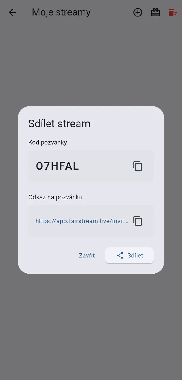 Okno Sdílet stream s kódem a odkazem