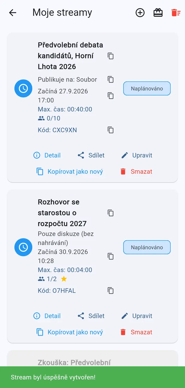 Seznam Moje streamy po vytvoření streamu
