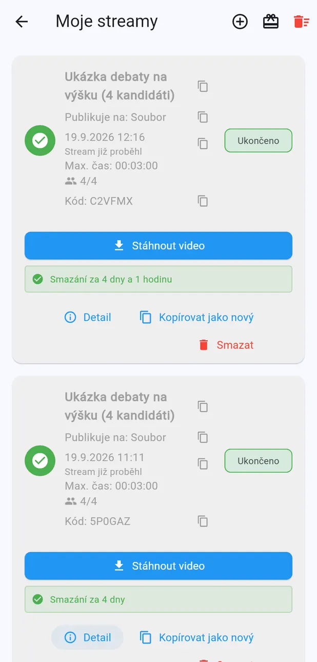 Proběhlé streamy s tlačítkem Stáhnout video