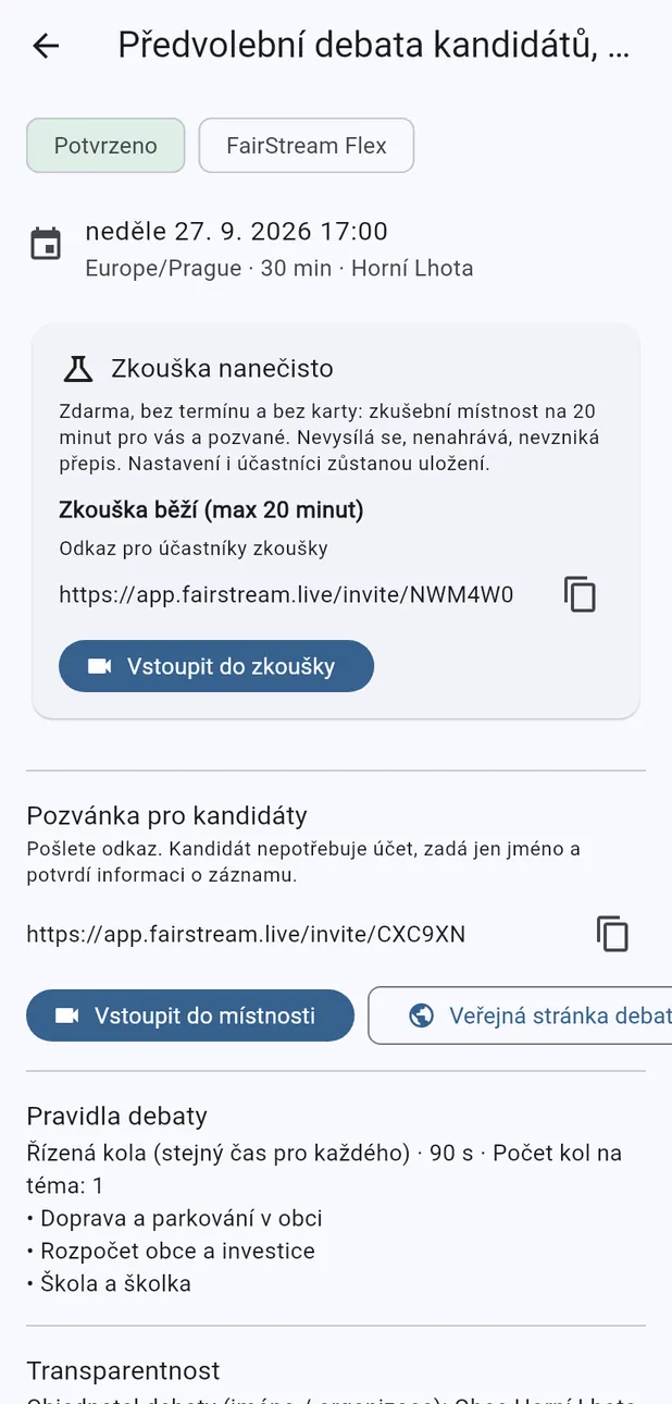 Běžící zkouška s odkazem pro účastníky